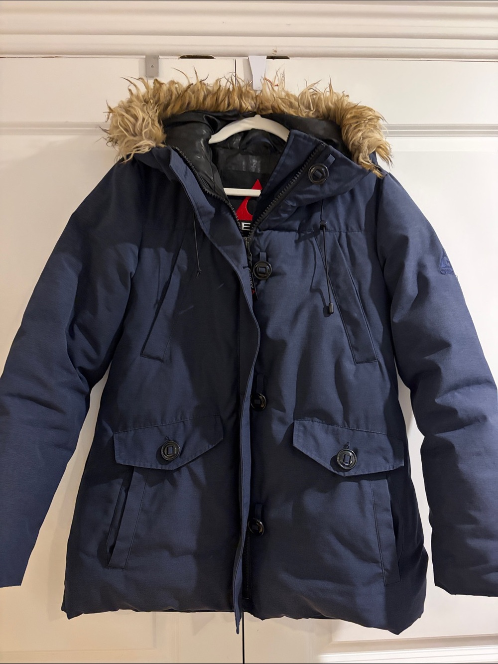Navy Blue Hooded Puffer Coat with Faux-Fur Trim